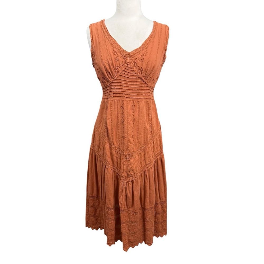 Scully Boho Midi Dress Size Large Rust Orange Peruvian Cotton Lace Trim